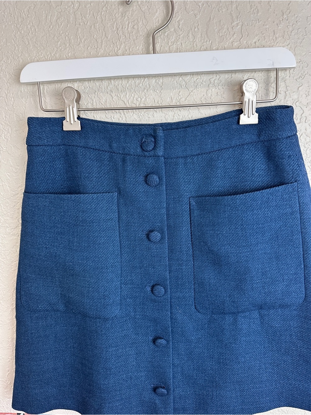 MIXXO Blue Button Front Herringbone Pattern Flare Mini Skirt Size 28 - Picture 2 of 5